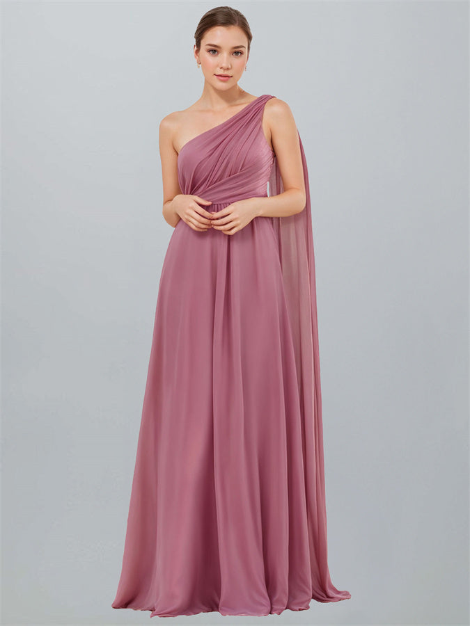 A-line One Shoulder Chiffon Max Dresses Taupe