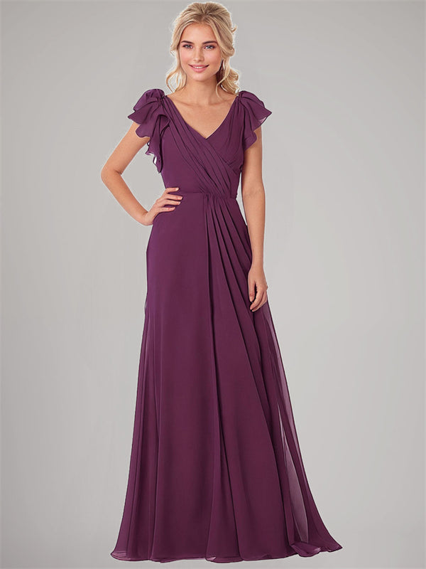 V-Neck Ruffle Sleeves Long Chiffon Bridesmaid Dresses