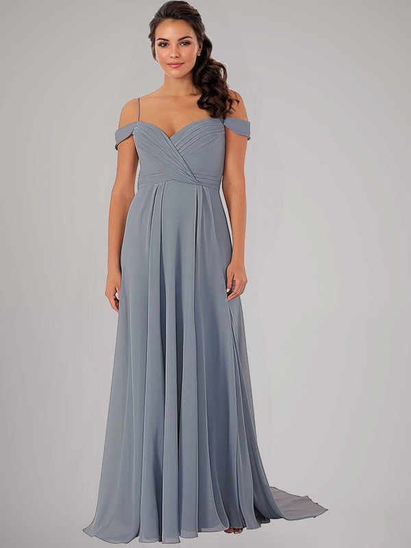 A-Line Off Shoulder Spaghetti Strap Ruched Long Chiffon Bridesmaid Dresses with Slit