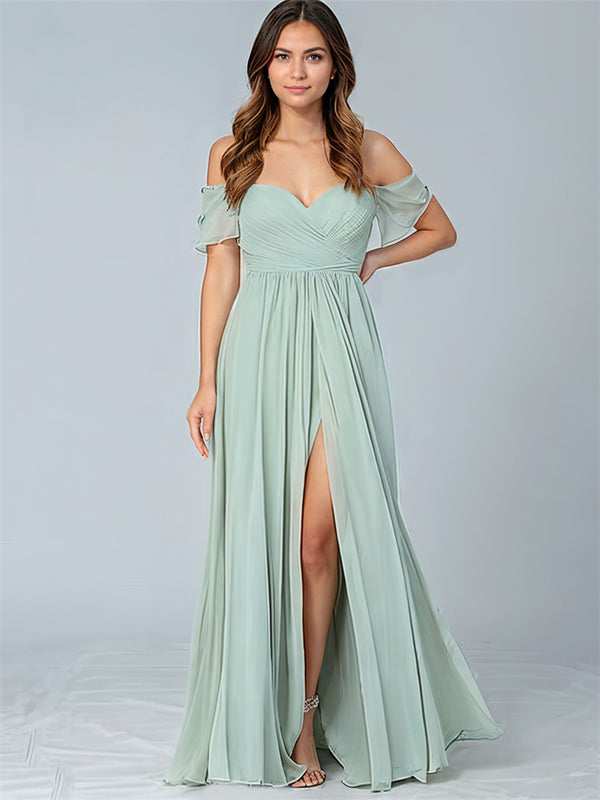 A-Line V-Neck Chiffon Bridesmaid Dresses with Slit Pleated Ball Gown