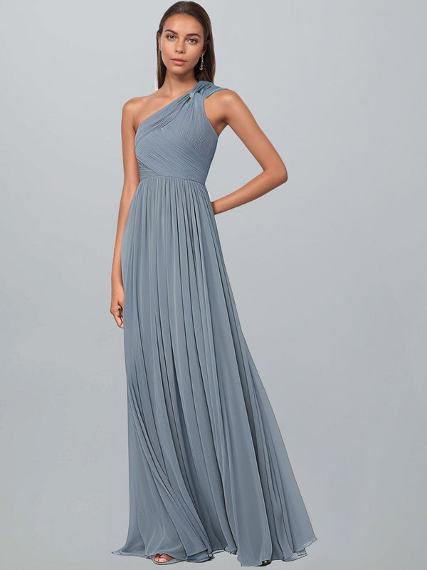 One Shoulder High Slit Long Chiffon Formal Prom Dress with Pockets