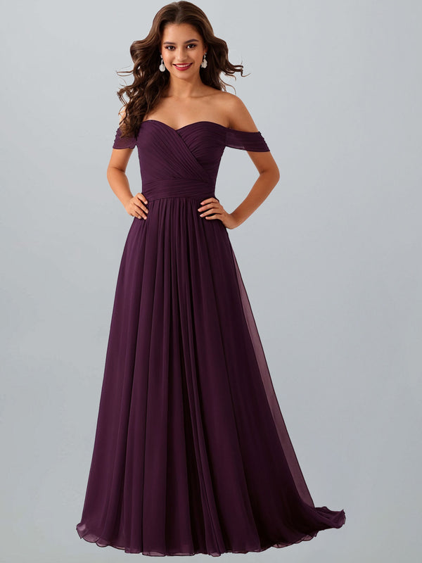 A-line Off Shoulder Pleated Long Chiffon Bridesmaid Dresses with Slit