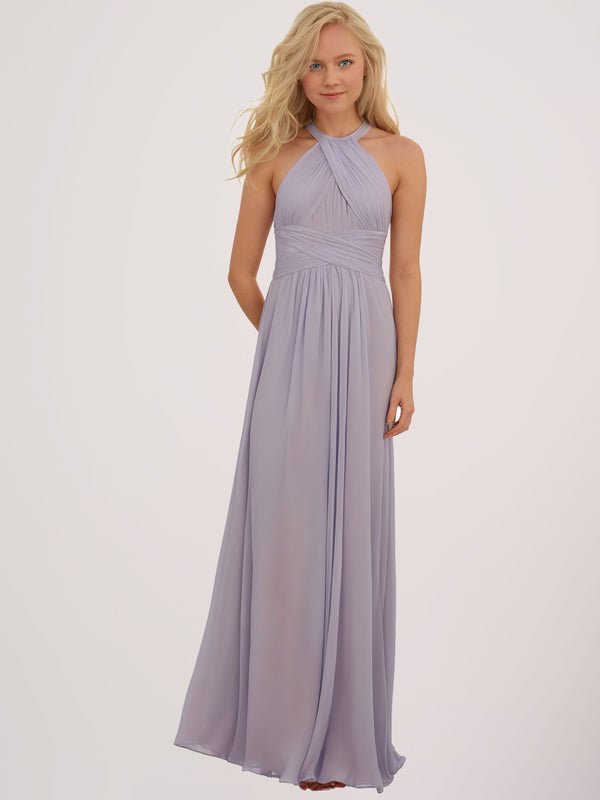 A-Line Halter Pleated Long Chiffon Prom Dress with Pockets