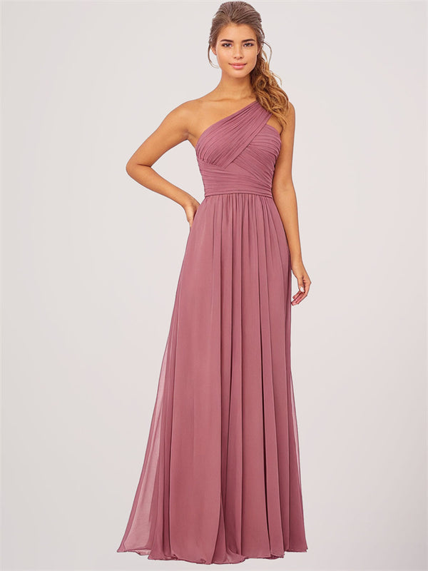 A-Line One Shoulder Pleated Long Chiffon  Bridesmaid Dresses