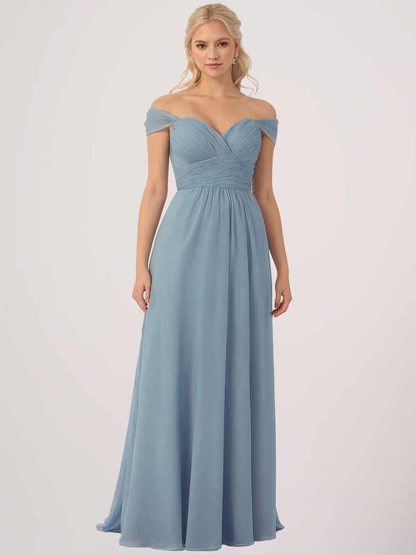 A-line Cold Shoulder Pleated Long Chiffon Bridesmaid Dresses with Slit