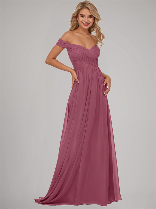 A-Line V-Neck Off-Shoulder Long Chiffon Evening Dresses