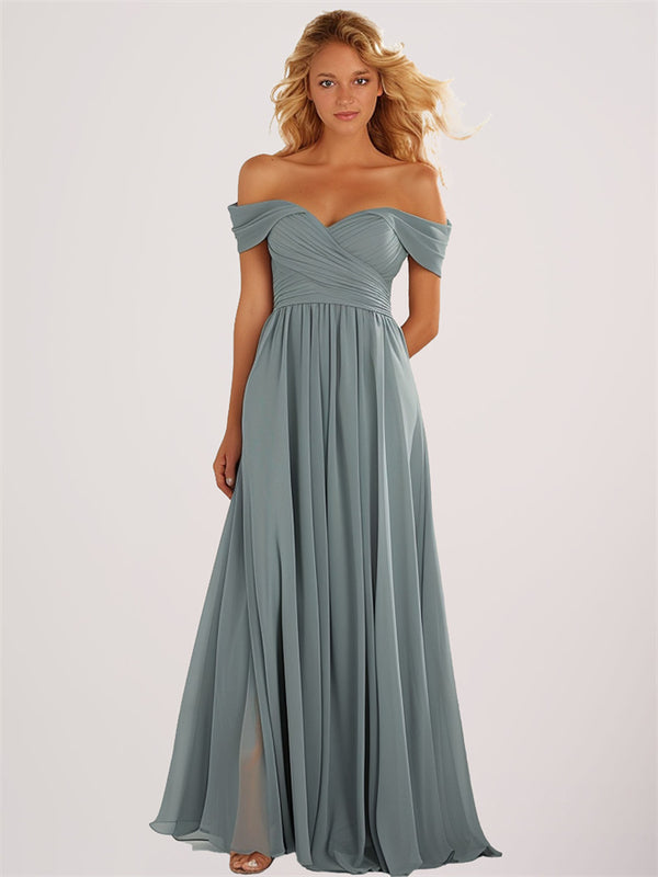 A-line Off Shoulder Slit Long Chiffon Bridesmaid Dress