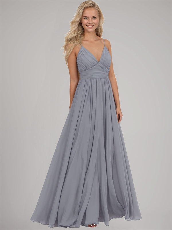 A-Line V-Neck Ruched Spaghetti Strap Long Chiffon Formal Evening Gown