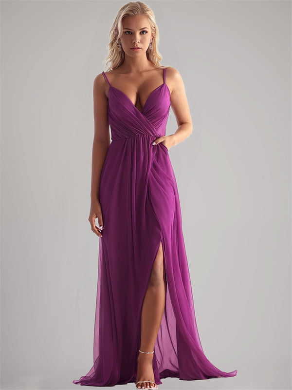 A-Line V-Neck Open Back Long Chiffon for Wedding Formal Gown