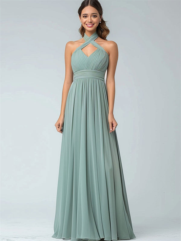 Cross Neck Chiffon Long Pleated Formal Wedding Dress