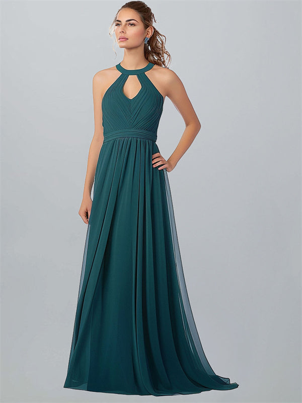 A-Line Halter Spaghetti Straps Long Chiffon  Formal Wedding Guest Dress