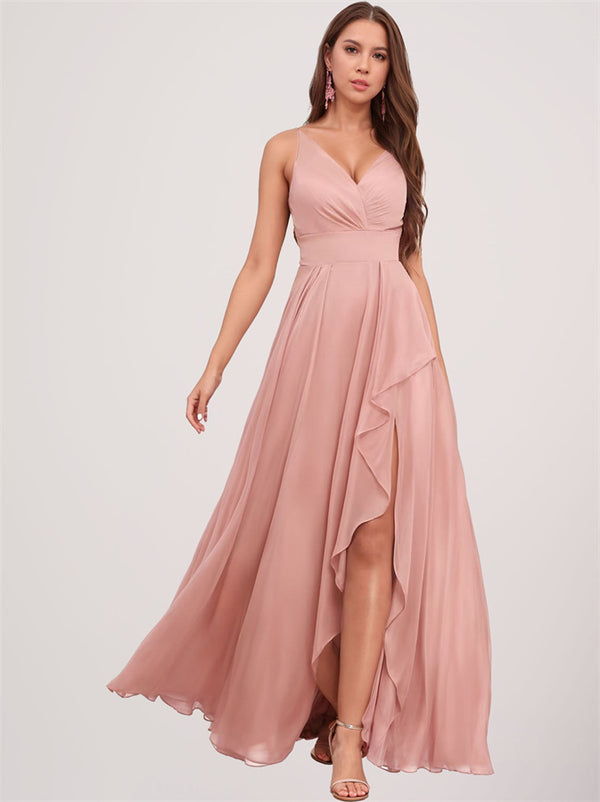 A-line V-Neck Slit Floor-Length Chiffon Bridesmaid Dresses with Pockets