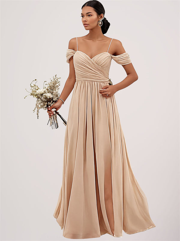 Off Shoulder Slit Ruched Long Chiffon Bridesmaid Dresses