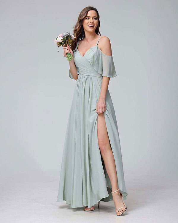 V-Neck Off Shoulder Spaghetti Straps Long  Chiffon Bridesmaid Dress with Slit