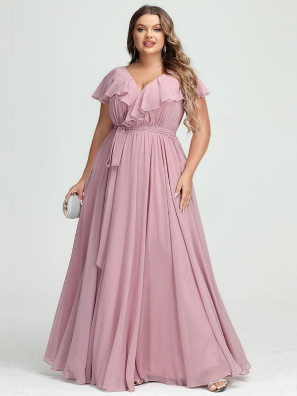 V-Neck Flutter Sleeves Ruffle Slit Chiffon Bridesmaid Dresses with Pockets