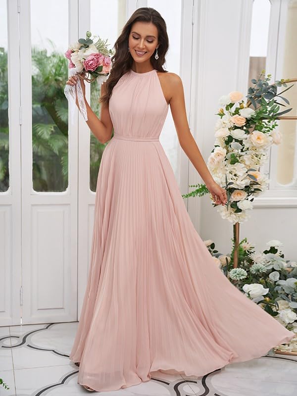 A-line Pleated Halter Floor Length Chiffon Wedding Evening Dress with Pockets