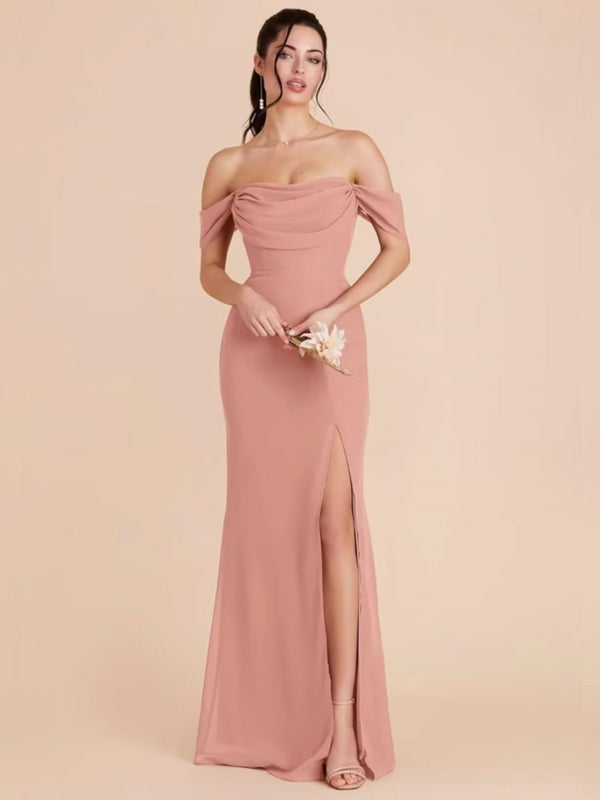 Off Shoulder Split Cowl Neck Long Chiffon Prom Dresses