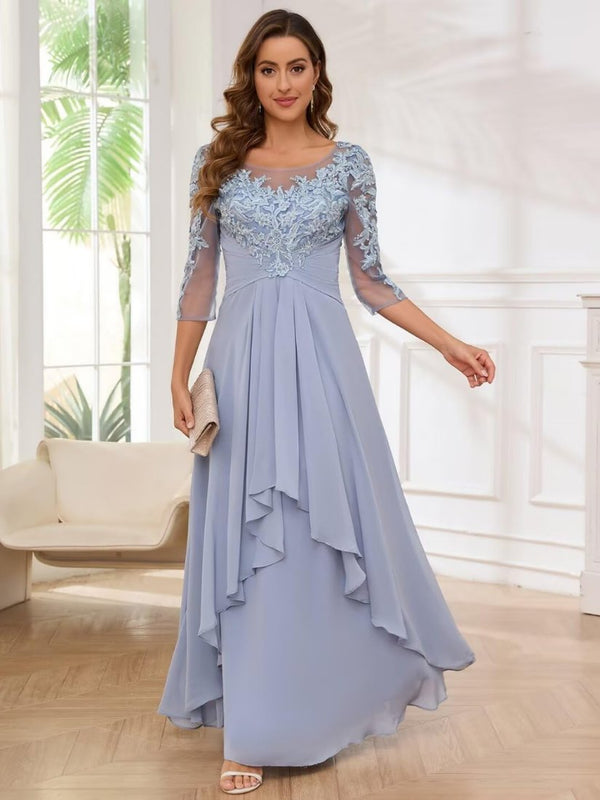 3/4 Sleeve Lace Ruffle Long Chiffon Bridesmaid Dresses