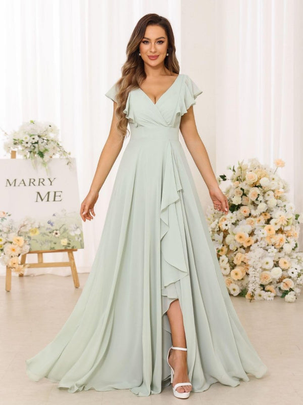 A-line V-Neck Flutter Sleeve Ruffles Chiffon Bridesmaid Dresses with Slit