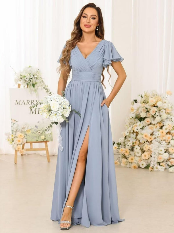 A-Line Flutter Sleeve Chiffon Bridesmaid Dresses with Slit