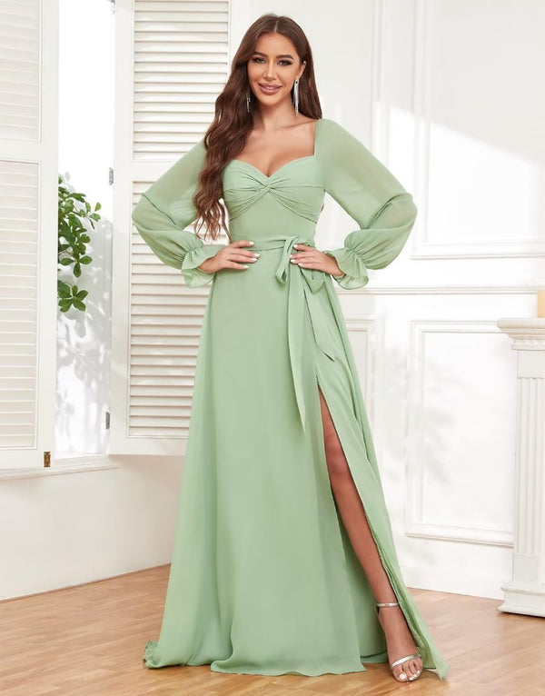 A-Line V-Neck Long Sleeve Chiffon Bridesmaid Dresses with Slit