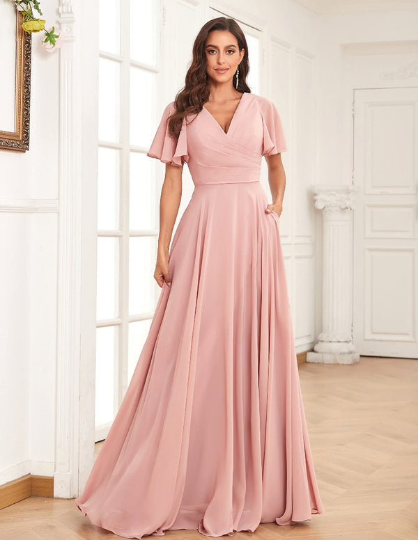 V-Neck Flutter Sleeve Long Chiffon Bridesmaid Dresses with Slit