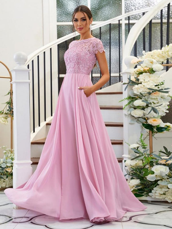 Scoop Neck Lace Long Chiffon Prom Formal Evening Gowns with Pockets