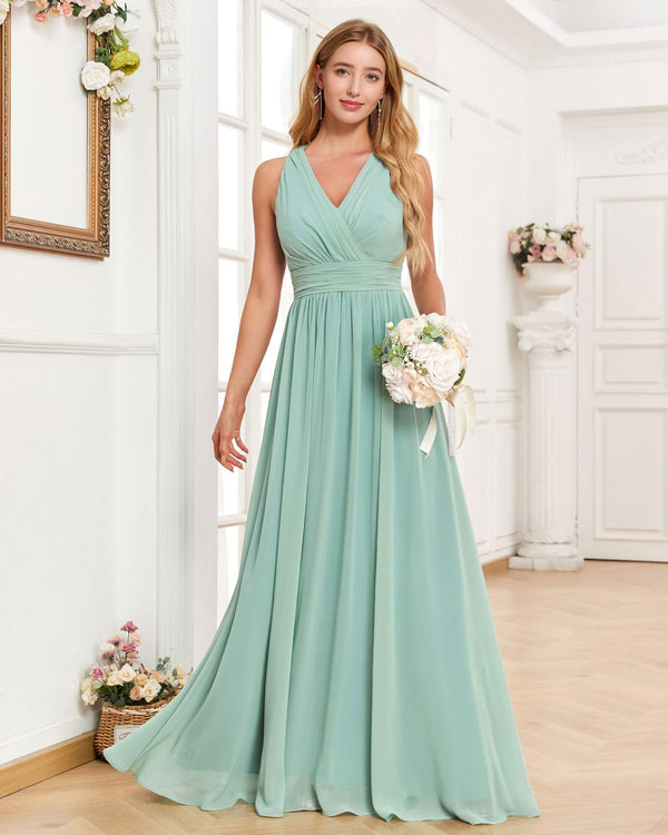 V-Neck Sleeveless Pleat Floor-Length Chiffon Bridesmaid Dresses