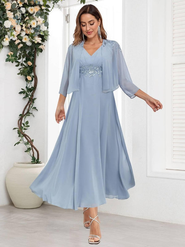 2 Piece Lace Applique Chiffon Mother of The Bride Dresses with Jacket