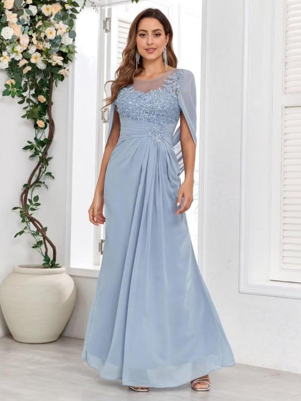 Scoop Neck Cape Sleeve Long Lace Chiffon Formal Gown