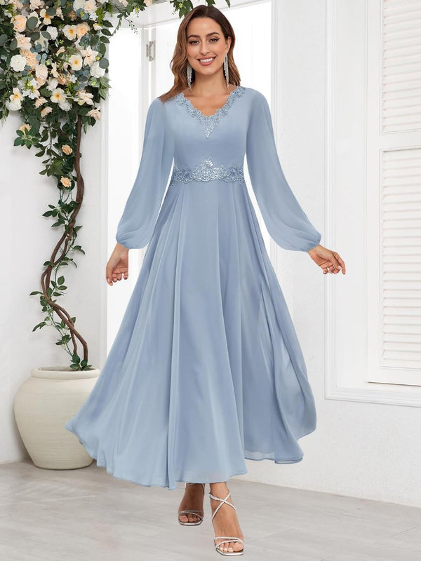 A-Line Long Sleeve Flowy Boho Chiffon Mother of The Bride Dresses