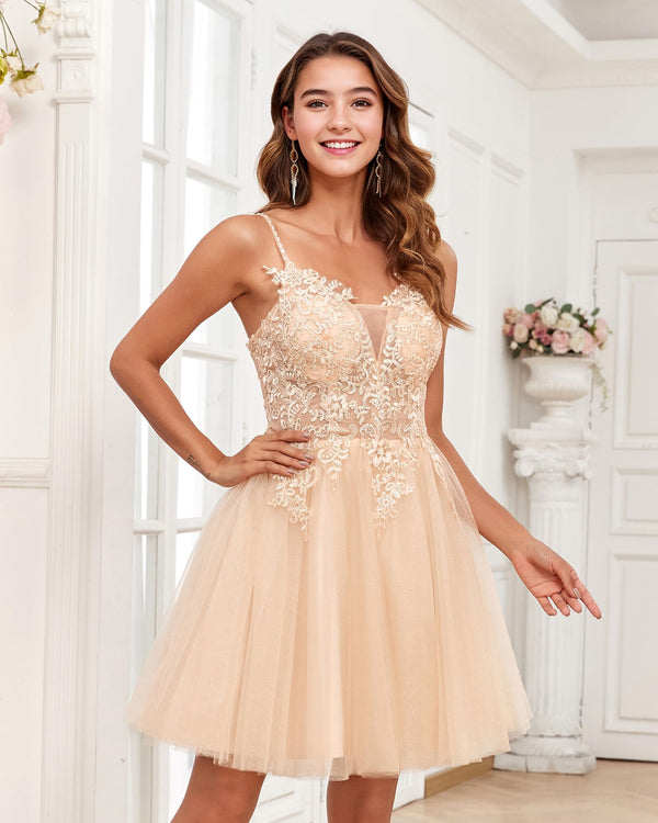 A-line Lace Tulle Short Prom Homecoming Dress