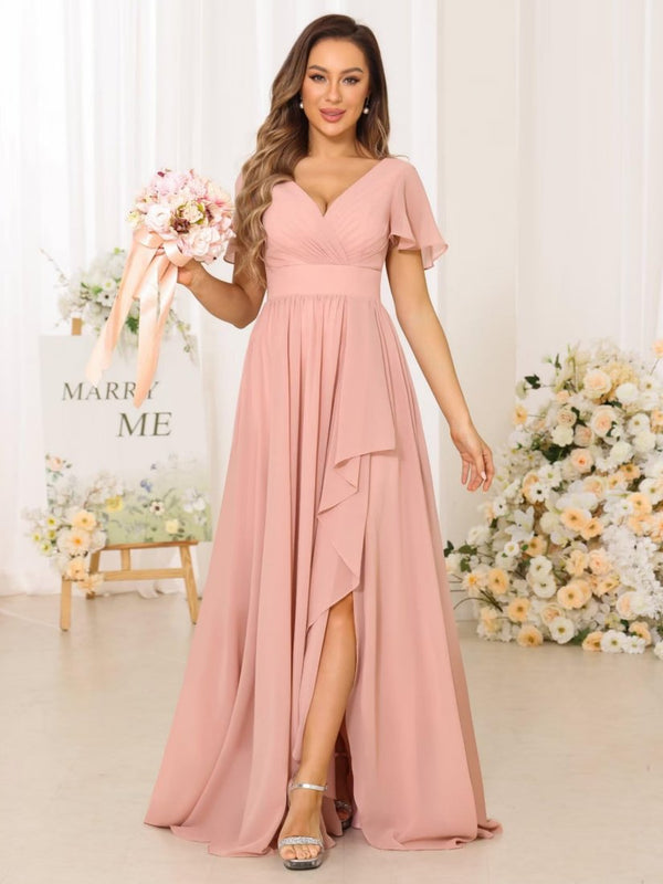 A-line V-Neck Pleated Slit Long Chiffon Bridesmaid Dresses with Pockets