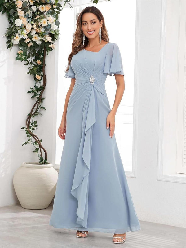 A-Line V-Neck Ruffles Pleated Long Chiffon Bridesmaid Dresses