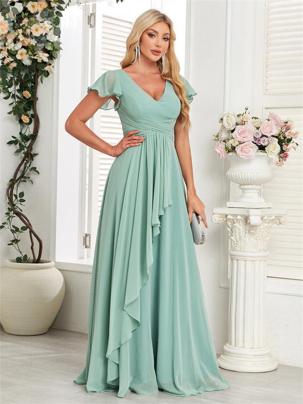 V-Neck Gown Ruffles Hem Long Chiffon Bridesmaid Dresses