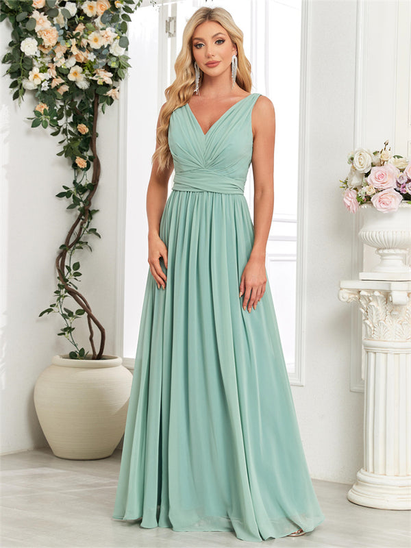 V-Neck Pleat Sleeveless Floor-Length Chiffon Bridesmaid Dress