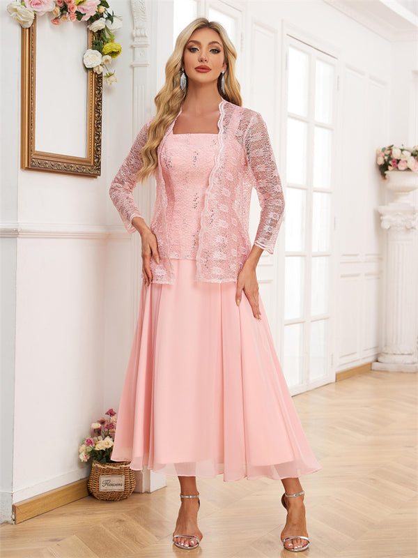 2 Pieces Tulle Lace Ruffle Chiffon Tea-Length Mother of The Bride Dresses with Jacket