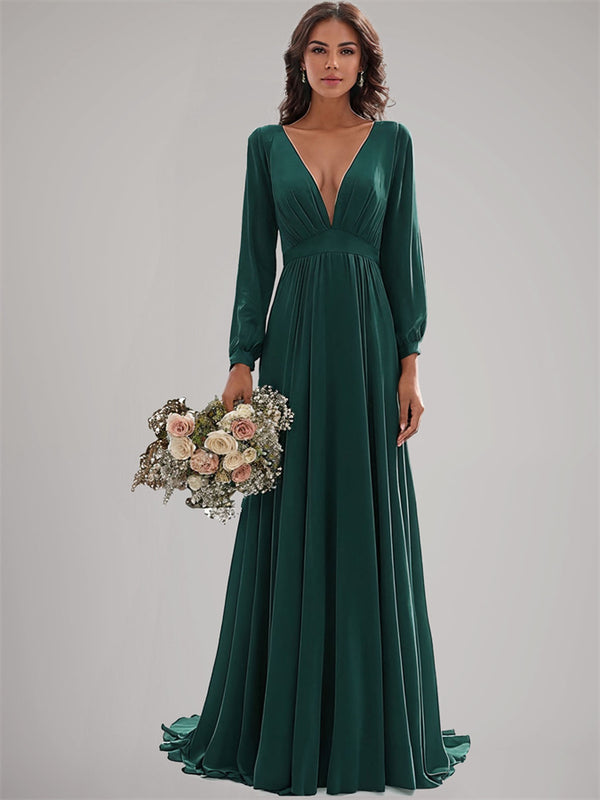 V-Neck Long Sleeves Pleated Chiffon Formal Wedding Guest