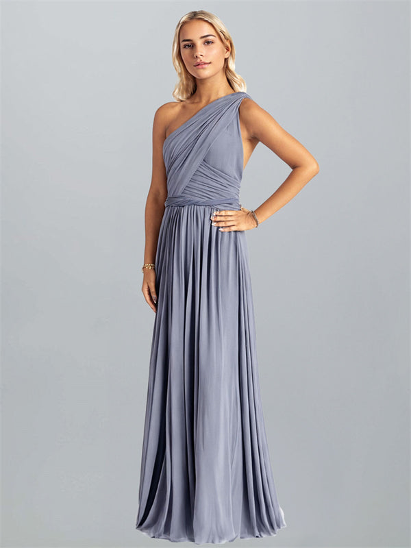 One Shoulder High Slit Long Chiffon Formal Prom Dress with Pockets