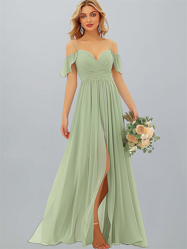 Off The Shoulder Chiffon Bridesmaid Dress with Slit