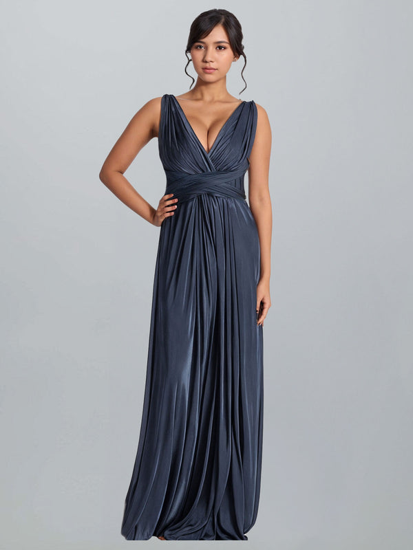 Double V-Neck Bridesmaid Drsses with Slit Long Pleated Chiffon Evening Party Gowns