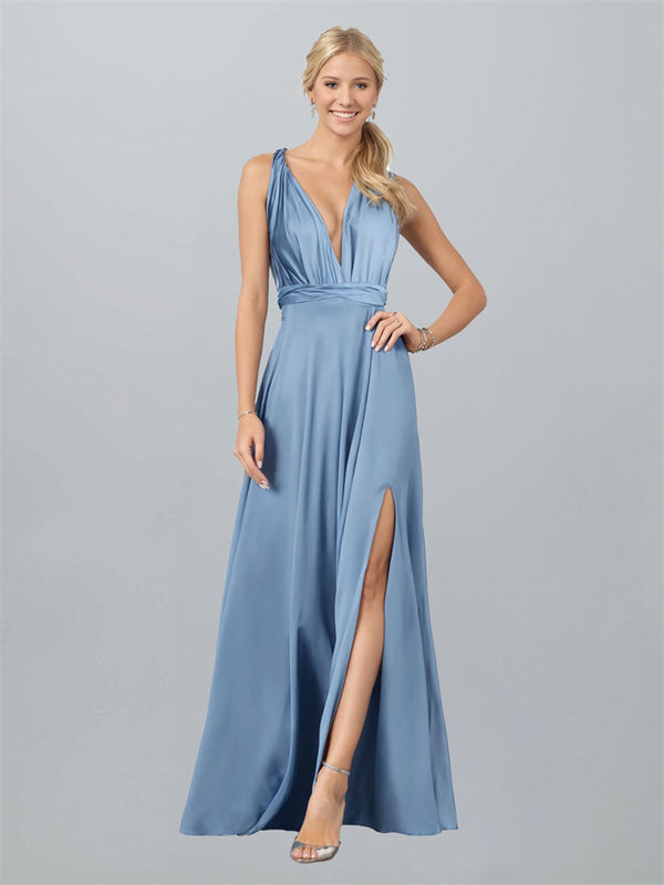 Deep V-Neck Sleeveless Side Slit Floor Length Wedding Guest Dress