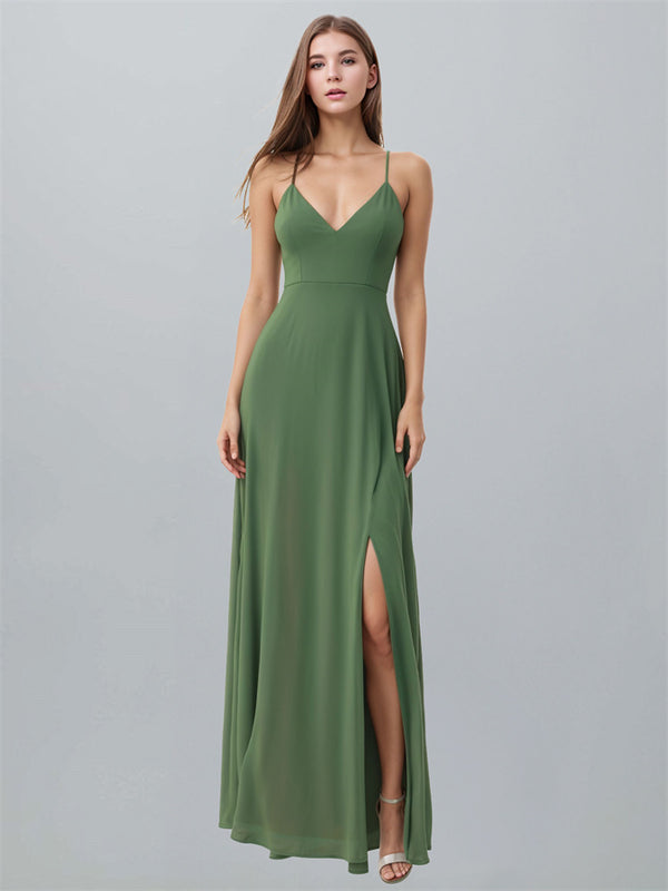 V-Neck Spaghetti Strap Long Evening Formal Dress