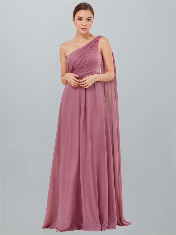 A-Line One Shoulder Empire Waist Chiffon Pleated Maxi Formal Dress