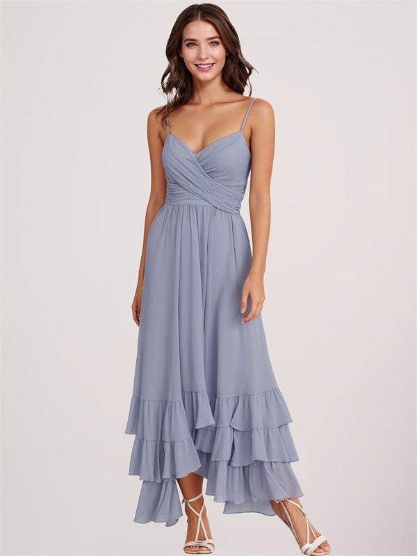 V-Neck Sleeveless High Low Chiffon Midi Formal Dress