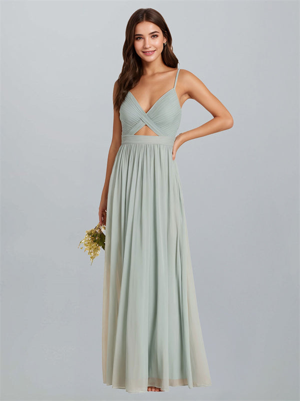 V-Neck Spaghetti Straps Long Chiffon Bridesmaid  Dresses