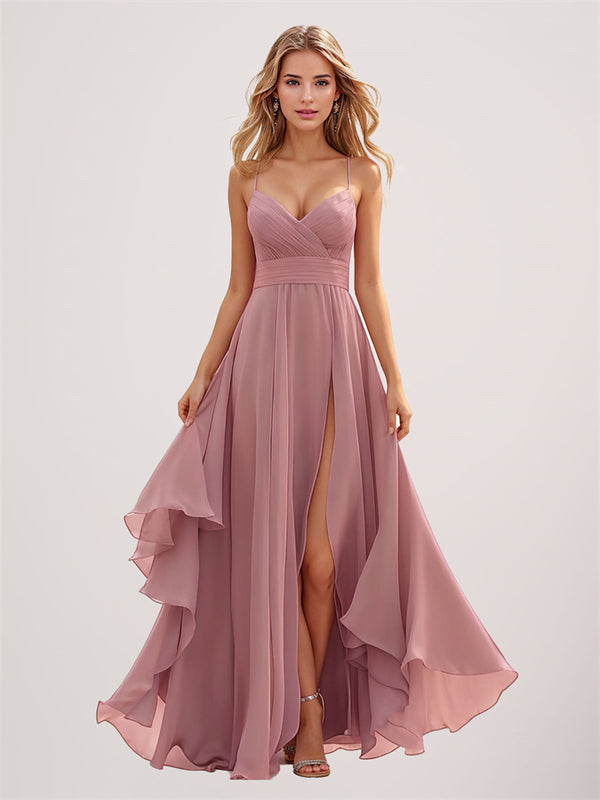 Spaghetti Straps Pleated Long Chiffon Formal Dresses with Slit