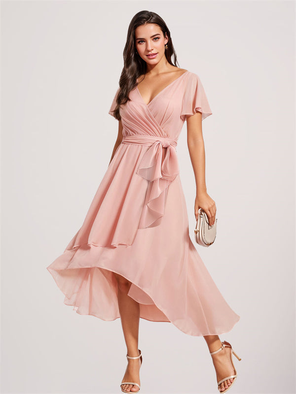 A-Line V-Neck Ruffle Sleeves Pleated High Low Formal Dresses