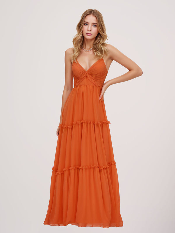 V-Neck Sleeveless Ruched Spaghetti Strap Long Chiffon Prom Dress