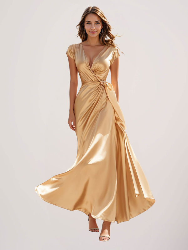 A-Line V-Neck Ruched High Slit Sleeveless Chiffon Bridesmaid Dresses